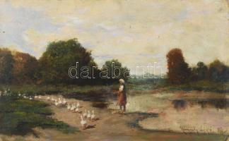 Neogrády László jelzéssel: Libapásztorlány. Olaj, karton. 20x31,5 cm