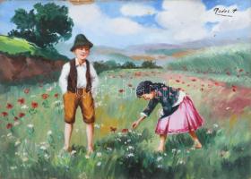 Nádas A jelzéssel: Gyerekek a réten. Olaj, karton. Kissé sérült. 24,5x34,5 cm