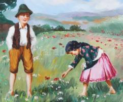 Nádas A jelzéssel: Gyerekek a réten. Olaj, karton. Kissé sérült. 24,5x34,5 cm