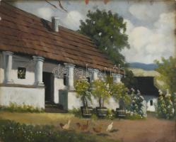 Kéthelyi S jelzéssel: Virágos udvar. Olaj, karton. Sérült. 35x50 cm