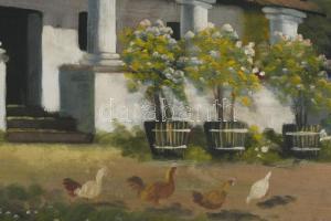 Kéthelyi S jelzéssel: Virágos udvar. Olaj, karton. Sérült. 35x50 cm