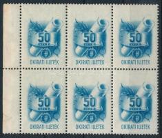 Okirati illetékbélyeg 50 ezer P ívszéli hatostömb