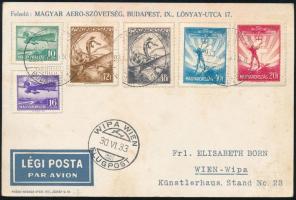 1933 Repülő sor 6 értéke légi levelezőlapon a WIPA világkiállításra küldve, "BUDAPEST" - "WIPA WIEN"