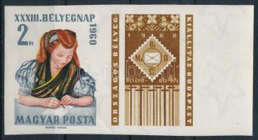 1960 Bélyegnap vágott ívszéli szelvényes bélyeg (ráncok) / Mi 1710 imperforate margin stamp (creases...