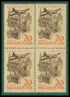 1958 Repülő VI. 20f négyestömb felülről nyitott "D" betű lemezhibával / Mi 1561 block of 4...
