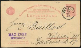 1895 5kr válaszos levelezőlap "VERSETZ" / PS-reply card to Zürich