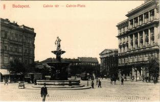 Budapest VIII. Kálvin tér, szökőkút, villamos, Nemzeti Múzeum. Kiadja Taussig A. 5895