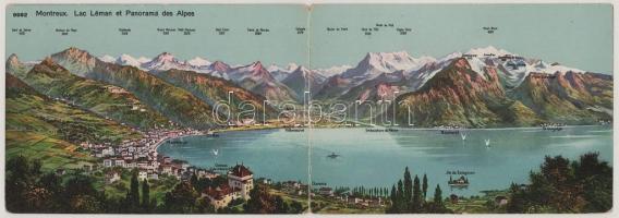 Lake Geneva, Lac Léman; Montreux. Panoramá des Alpes / general view of the Alps, map. 2-tiled foldin...