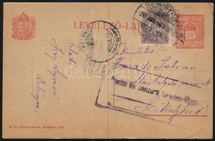 1919 Cenzúrázott díjjeges levelezőlap Postatakarék bélyeggel kiegészítve. Nagyon ritka futott levéle...