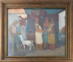 Kalló László (1925-2018): Gyümölcsszedők. Olaj, papír, jelezve jobbra lent. Hátoldalán Artrend címké...