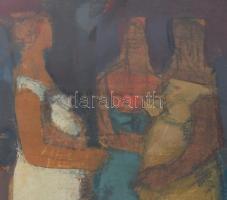 Kalló László (1925-2018): Gyümölcsszedők. Olaj, papír, jelezve jobbra lent. Hátoldalán Artrend címké...