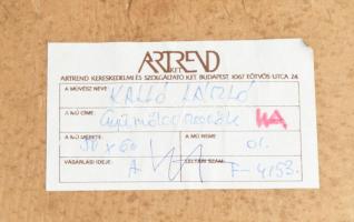 Kalló László (1925-2018): Gyümölcsszedők. Olaj, papír, jelezve jobbra lent. Hátoldalán Artrend címké...