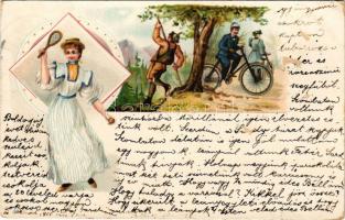 1900 Tennis and bicycle art postcard. litho (felületi sérülés / surface damage)