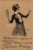 1901 Teniszező hölgy. Dombornyomott / tennis player lady. Emb. litho s: Heyer (lyuk / pinhole)