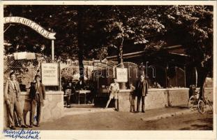 Visegrád, Dunasor, Papp Ferenc Dunakert vendéglője, étterem, kerékpárok, kert pincérrel (felületi sé...