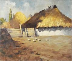 Pádly A jelzéssel: Csirkék az udvaron. Olaj, vászon, javított. 40x50 cm