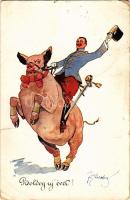 1910 'Boldog új évet!' Osztrák-magyar katonai művészlap, katona malaccal / Austro-Hungarin...