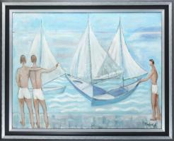 Rafael V. jelzéssel: Vitorlások. Olaj, vászon. Dekoratív fakeretben. 54x68,5 cm