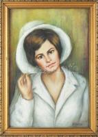 Kunffy jelzéssel: Kalapos hölgy portréja. Olaj, vászon, kartonra kasírozva. Üvegezett, dekoratív fak...