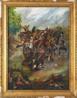 Haranghy Miklós (1920-1999): Lovaskatonák harcban (I. világháborús csatajelenet?). Olaj, fa. Jelzett...