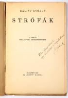 Bálint György: Strófák. dedikált első kiadás. Bp. 1929. Együtt. 45 l. 1 lev. Fűzve, illusztrált kiad...