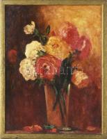 Olvashatatlan jelzéssel: Virágok. Olaj, vászon. Dublírozott. Fakeretben. 44,5x34 cm
