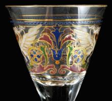 cca 1880 Velencei üveg pohár, zománcfestett klasszikus aranykontúrozott olasz mintákkal díszített, j...