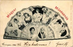 1900 Magyar művésznők, színésznők legyezőn: Blaha Lujza, Jászai Mari, Márkus Emília, Küry Klára, Heg...