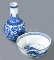 Kézzel festett kínai kékmázas váza és tál. 19-20. sz., egyiken 6 karakteres Kuangxi jelzés, hibátlan...