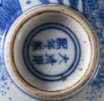 Kézzel festett kínai kékmázas váza és tál. 19-20. sz., egyiken 6 karakteres Kuangxi jelzés, hibátlan...