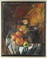 Jelzés nélkül, XX. sz. első fele: Csendélet. Olaj, vászon, hátoldalán Pécsi Képzőművészek és Műbarát...