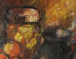 Jelzés nélkül, XX. sz. első fele: Csendélet. Olaj, vászon, hátoldalán Pécsi Képzőművészek és Műbarát...