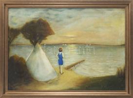 Olvashatatlan (Keresztúry K?) jelzéssel: Hölgy a vízparton. Olaj, vászon. Javított. Dekoratív fakere...