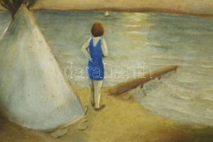 Olvashatatlan (Keresztúry K?) jelzéssel: Hölgy a vízparton. Olaj, vászon. Javított. Dekoratív fakere...