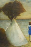 Olvashatatlan (Keresztúry K?) jelzéssel: Hölgy a vízparton. Olaj, vászon. Javított. Dekoratív fakere...