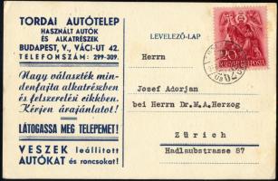1938 Bp. V., Tordai Autótelep Használt Autók és Alkatrészek reklámos levelezőlap