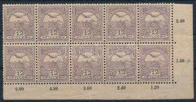 1904 Turul 12f ívsarki tízestömb A2 vízjelállással (kis fogelválás) / Mi 80 corner block of 10 (slig...