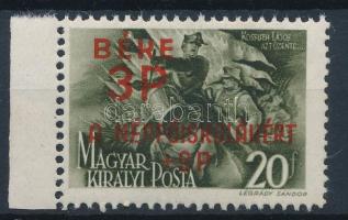 1945 Béke I. 3(+9)P/20f ívszéli bélyeg hiányzó sárga alapnyomattal (gumihiba) / Mi 774 with missing ...
