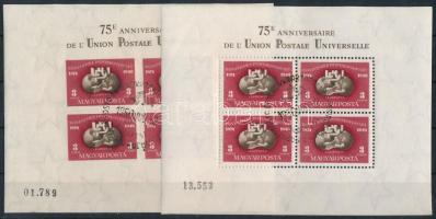 1950 UPU I. fogazott + vágott blokk elsőnapi bélyegzéssel / Mi 18 perforated + imperforated block wi...