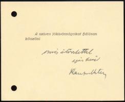 Karafiáth Jenő (1883-1952) politikus, miniszter, Budapest főpolgármesterének aláírása üdvözlőkártyán