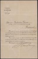 1916 Báró Harkányi János (1859-1938) kereskedelemügyi miniszter aláírása fejléces dokumentumon