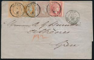 1867 Portós levél Franciaországból Athénba küldve, látványos négyszínű görög bérmentesítéssel, &quot...