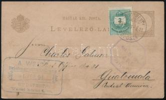 1894 Díjjegyes levelezőlap Színesszámú 3kr díjkiegészítéssel Guatemalába; ritka desztináció! / PS-ca...