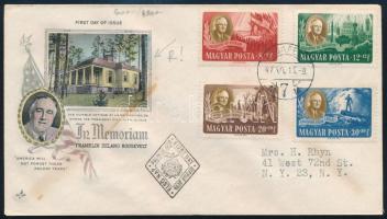 1947 Roosevelt postai sor amerikai képes levélborítékon, első napi bélyegzéssel New Yorkba / Mi 985-...