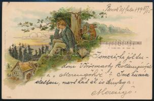 1899 Képeslap "BÉCS-GYŐR-BUDAPEST" vasúti mozgóposta bélyegzéssel / Postcard with railway ...