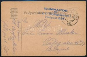 1916 Tábori posta levelezőlap / Field postcard "KOMMANDO der K.u.K. Verpflegskolonne" + &q...