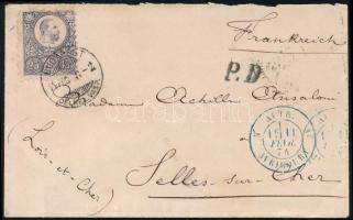1874 25kr kis méretű levélen, tarifahelyesen felhasználva (UPU előtti tarifa) Franciaországba / Mi 1...
