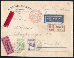1932 Expressz ajánlott légi céges levél Repülő 80f + 1P, hátoldalán Pengő-fillér 3 x 4f + 3 x 6f bér...