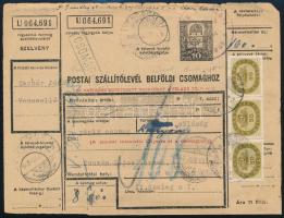 1946 Csomagszállító 8 db bélyeggel "VENCSELLŐ" - "BUDAPEST" / Parcel card with 8...