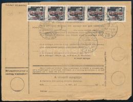1946 Csomagszállító 8 db bélyeggel "VENCSELLŐ" - "BUDAPEST" / Parcel card with 8...